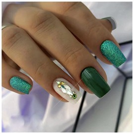 Green Press on Nails Medium Coffin Fake Nails with Glitter Hologram Shiny Gem Rhinestones Design Glue on Nails Acrylic Nails Decorate False Nails with Glue Luxury Stick on Nails For Women Girls 24Pcs