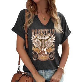 Nashville Music City T-Shirt Womens Country Music Oversized Shirts Rock Band Tshirt Vintage Guitar Wings Graphic Tees(XL,Dark Grey-1)
