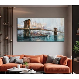 Acocifi New York Brooklyn Bridge Wall Art for Living Room Abstract Cityscape Skyline Picture Large Canvas Painting Textured Artwork Framed for Bedroom Men Office Bathroom Home Decor 40"x20"
