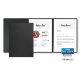 STRATAG 3 Stück 3-teilige Bewerbungsmappen Schwarz mit 2 Klemmschienen in feinster Lederstruktur