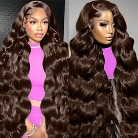 usmoother Human Hair Lace Front Wigs Chocolate Brown 4# 200 Density Body Wave Lace Front Wigs Human Hair 36 Inch 13x6 HD Lace Front Colored Wigs Human Hair Pre Plucked Pre Cut Hair For Black Women
