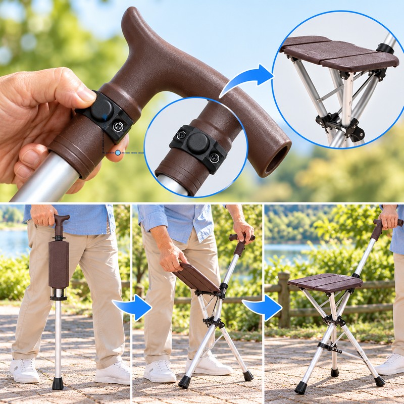 Folding Walking Cane with Seat for Outdoor Rest – Portable