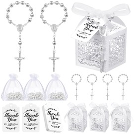Sasylvia 100 Pcs Baptism Favors Set Includes 25 Pcs Mini Rosary 25 Pcs Laser Cut Baptism Favor Boxes 25 Pcs White Organza Bags and 25 Pcs Thank You Tags for Baby Shower Wedding Party Baptism Supplies