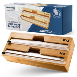 MELDEVO 2 in 1 Wrap Dispenser with Cutter and Labels, Plastic Wrap, Aluminum Foil and Wax Paper Dispenser for Kitchen Drawer, Bamboo Roll Organizer Holder, Compatible with 12" Roll