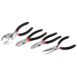 Performance Tool W1783 4 Pc. Pliers Set - Cutting Pliers, Linesman Pliers, Long Nose Pliers, Slip Joint Pliers, Drop-Forged Steel, Cushioned Handles, Black/Red