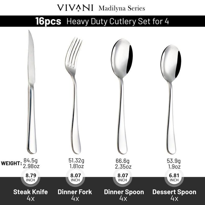 VIVANI 16 Piece Heavy Silverware Set for 4, Forged Stainless