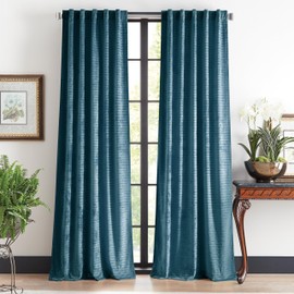Martha Stewart Velvet Curtains Room Darkening Wave Embossed Rod Pocket/Back Tab Window Curtain Panel Pair, 84", Blue