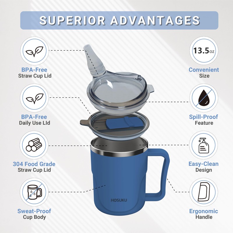HOSUKU Spill-Proof Cup for Elderly, 13.5oz Stainless Steel Sippy Cup