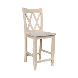 IC International Concepts 24" H Double X-Back Counter Height Stool Wood Barstool for Kitchen/Dining, Solid/Sturdy Parawood, Box Seat Construction, Paint or Stain in Any Color, Unfinished