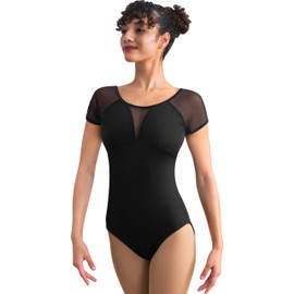 DANSHOW Women Dance Leotard Short Sleeve Mesh Ballet，Built-in Chest Pads Pockets And Roud Back Black Bodysuit(237105-06-S)