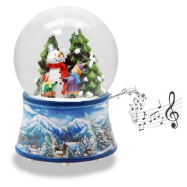 20267 Snow Globe Christmas Music Box | 2 Children Building Snowman | Base Winter Landscape Light Blue | with Music Box | Height: 14 cm W: 10 cm | Shake Ball | 20267
