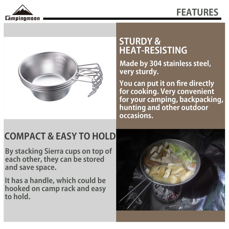 CAMPINGMOON 2pcs/4pcs Set Stainless Steel Camping Sierra Cup 310ml (4pcs