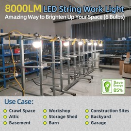 Owleye 50FT Construction String Lights, 85W 8000ML Led String Work Light, Temporary Utility Rope Lighting, 120V, 6 Bulbs, 1 Pack for Crawl Space, Basement