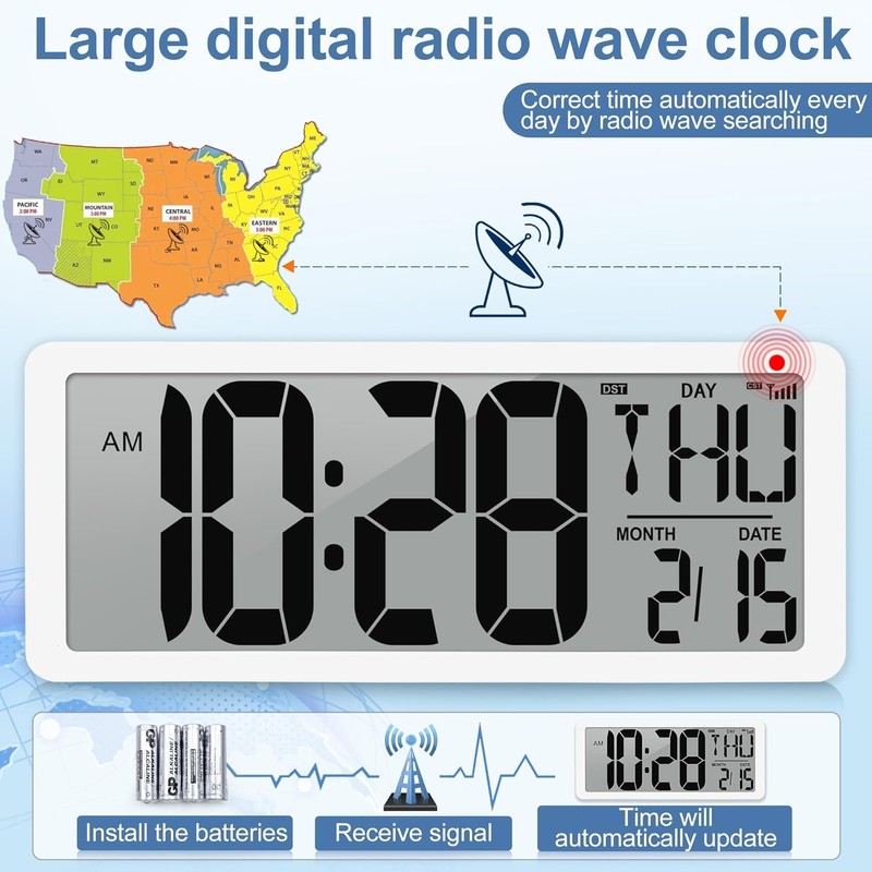 GEELION Atomic Clock with Backlight 15" Digital Wall Clock Battery