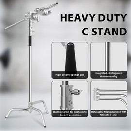 C Stand with Boom Arm, Heavy DutyPhotography Light Stand, 6.8ft/210cm Stainless Steel C-Stand Kit with Sandbag, 2.8ft/87cm Boom for Studio Softbox and Reflector, Silver