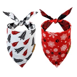 CROWNED BEAUTY Christmas Dog Bandanas 2 Pack, SnowTree Set, Adjustable Triangle Holiday Plaid Reversible Scarves for Medium Large Extra Large Dogs Pets DB01-L