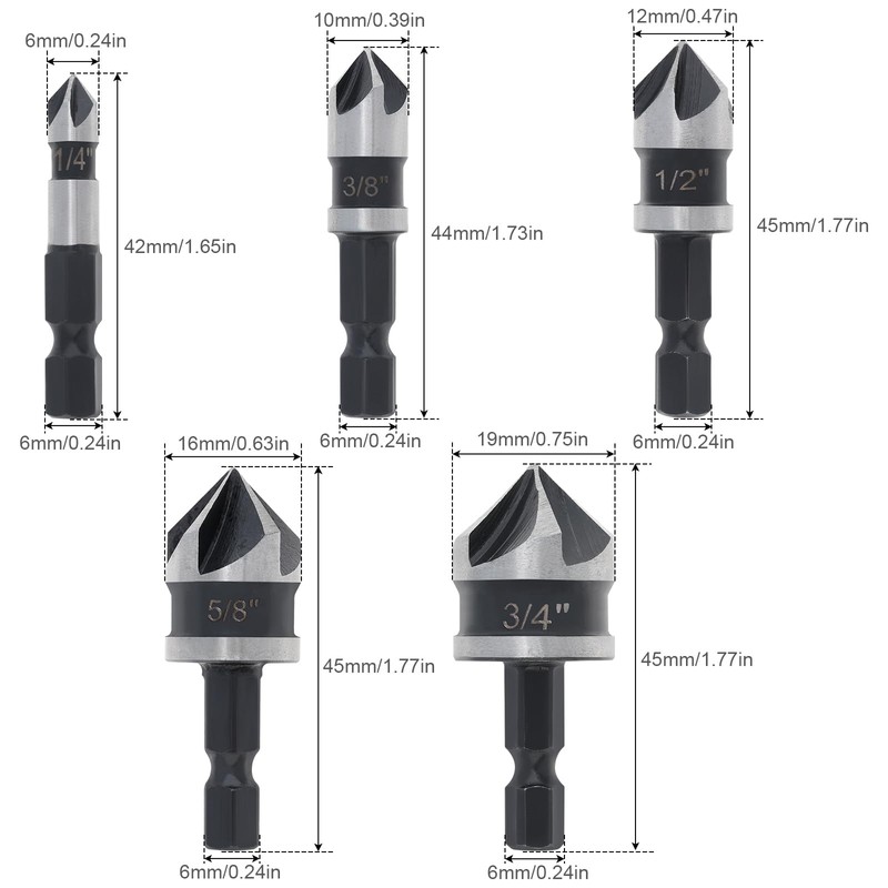 ChgImposs 5PCS Countersink Drill Bit Set, 1/4 Inch Hex Shank