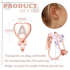 FUNRUN JEWELRY Heart Initial Clip on Stud Earrings for Women Rose Gold Plated Dainty Alphabet Letters A-Z Stud Earrings Non Pierced Stud Earrings(J)