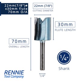 Rennie Tools - 22mm (7/8") Cutting Diameter x 30mm Flute x 1/4" Shank TCT Tipped 2 Flute Straight Router Cutter Bit. Compatible With Makita Bosch Trend Katsu Dewalt Router Etc. 22mm Router Bit