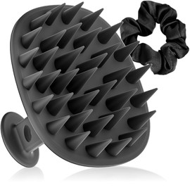 Azosowo Scalp Massager Shampoo Brush with Satin Scrunchie, Ultrasoft Silicone Scalp Scrubber for Hair Growth & Dandruff Removal - Wet/Dry Exfoliator Brush for All Hair Types - Black