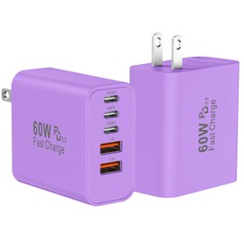 USB C Fast Wall Charger Block, 2Pack 60W USBC Charging Cubes, 5-Port PD+QC Power Adapter Multiport Brick Type C Box Plug for Phone 16/15/14/13/12/11/Pro Max/Plus, Pad Mini/Pro/S25/S24-Purple