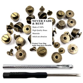 Honigo 24 Pack Bronze Rivets Stud Handbag Purse Feet 3/8 inch Flat Head Metal Solid Brass Studs Screw Back Feet 10mm Buckle Spikes Leathercraft for Leather Bag Totes DIY Craft