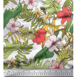 Soimoi White Cotton Poplin Fabric Tropical Leaves & Floral Decor Fabric Printed BTY 56 Inch Wide