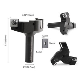 Trvoxviq Spoilboard Surfacing CNC Router Bit 1/2'' Shank, 3-Flute End Mill Carbide Slab Flattening Router Bit Milling Cutter with Extra 10 PCS Indexable Insert（12x12x1.5mm, 35°）for Wood Planing