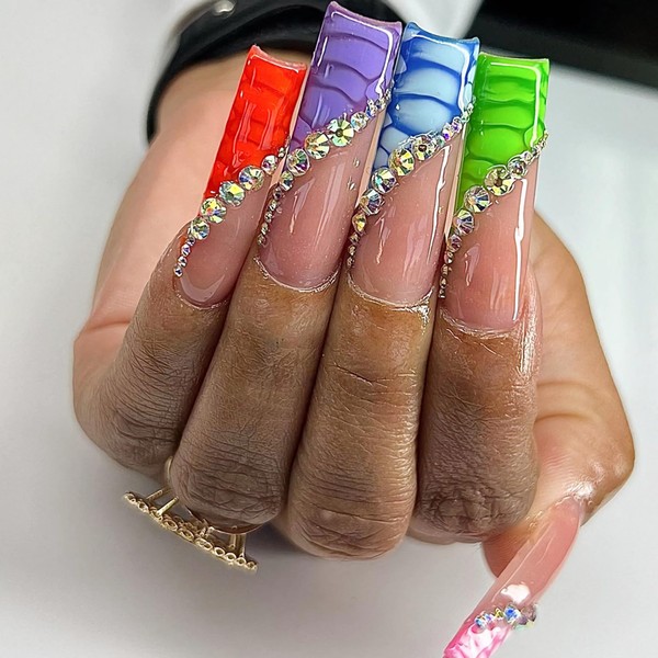 MERVF Long Square Press on Nails Colorful French Tip Fake