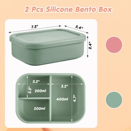 Layhit 2 Pcs Silicone Bento Box Reusable Silicone Bento Lunch Container for Adults Microwave Dishwasher Freezer Safe (3 Compartments,Dark Red,Green)