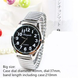 Vavna Classic Men’s Easy Reader Big Dial Number Sliver Stainless Steel Expansion Strap Bracelet Elastic Wristwatches (Dial 40 Black)