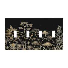 Gold And Black Floral Wildflowers Wall Plate Switch Plate Decorator Wall Plate Light Switch Cover 4 Gang Quad Toggle Outlet Cover for Kitchen Bathroom Decor 4.5 X 8 IN
