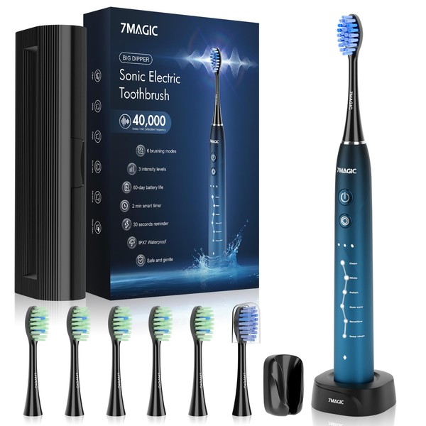 Sonic Electric Toothbrush for Adults, Rechargeable Toothbrush with 6 Mode & 3 Intensity, 40000VPM Toothbrush with 6 Brush Heads, Travel Case, 60 Days Battery Life, Wireless Charging, 2-Min Smart Timer