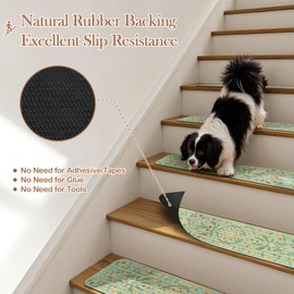 OJIA Insect Print Stair Treads Non Slip Stair Runners for Wooden Steps Indoor, 15PCS 8"x30" Rubber Carpet Treads for Wood Stairs Staircase Step Treads for Kids & Dogs, Stair Covers, Green