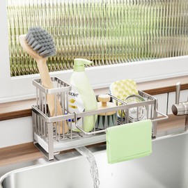 SWTYMIKI Sponge Holder for Kitchen Sink - Sink Caddy with Brush Holder Self-draining Kitchen Sponge Caddy Organizer with Divider Stainless Steel Sink Accessories Storage for Countertop, Sand Nickel