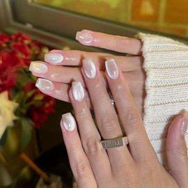 Nude Cat Eye Press on Nails Short Square, SXVME Glitter Glue on Nails Sparkly Shiny Fake Nail Press on With Design, Cute Bling Extra Short Coffin False Nail for Women 30 Pcs