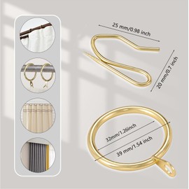 30 Pieces Metal Drapery Curtain Rings Curtain Hanging Rings and 30 Pieces Metal Curtain Drapery Pin Hooks for Window Door Shower Curtain, 32 mm/1.26 inch Internal Diameter (Gold)