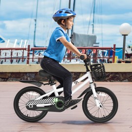 HONEY JOY Kids Bike, 14 16 18 Inch Toddler Bikes w/Training Wheels & Handbrake, Steel Frame, Fully Enclosed Chain, Adjustable Handlebar & Seat (16 Inches, White, Chessboard Pattern)