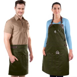 Under NY Sky Barista Apron - Brown Leather Straps and Reinforcement - Riveted Pockets - Double Stiched - Leather Ring Loop - Professional Green Twill - Double as Half Bistro Apron - Chefs, Bartender