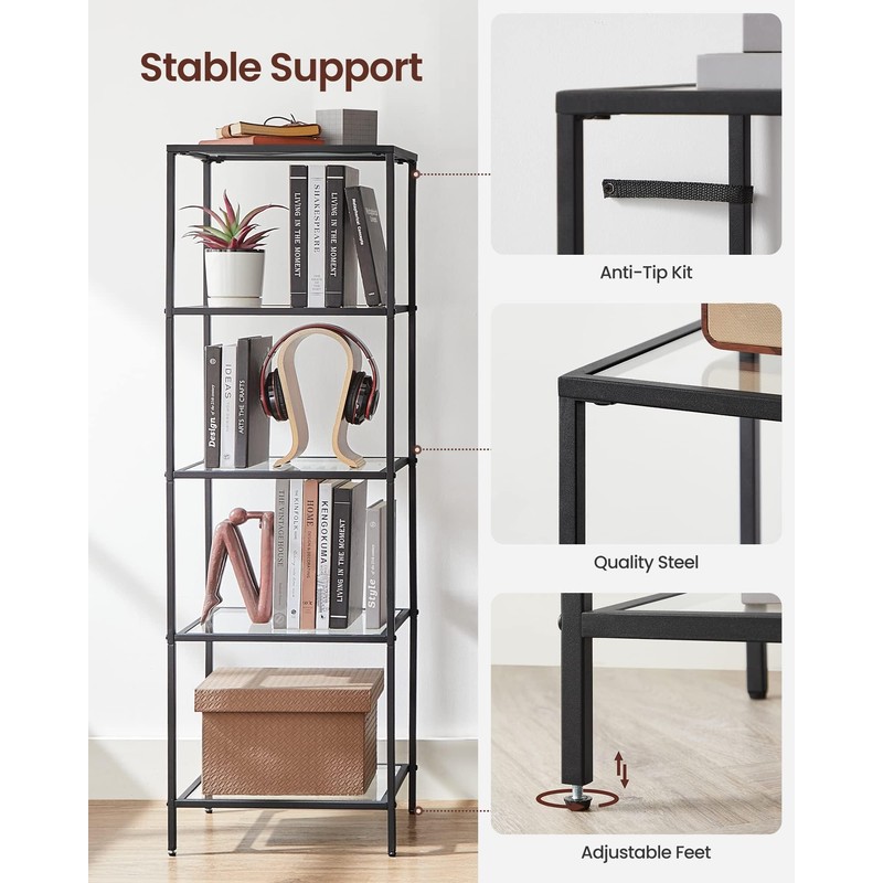 VASAGLE Bookcase, 5-Tier Bookshelf, Slim Shelving Unit for Bedroom, Bathroom,