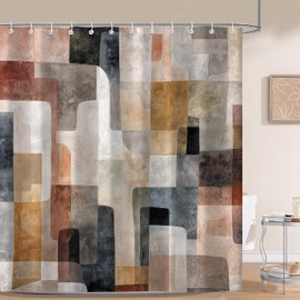 Moonslim Boho Beige Brown Grey Shower Curtains, Mid Century Abstract Art Geometric Modern Shower Curtain for Bathroom Curtain Decor, Washable Fabric Cloth Waterproof with 12 Hooks, 72x72 Inch