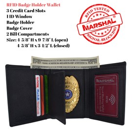 RFID Blocking Genuine Leather Trifold Badge Holder Wallet Black, Police Badge Holder