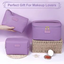 MAANGE MAANGE Makeup Bag Waterproof Travel Cosmetic Bag PU Leather Cosmetic Pouch Portable Makeup Organizer Bag Large Capacity Toiletry Bag Multifunctional Storage Make Up Bag for Women (Purple, 3Pcs)