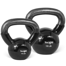 Yes4All Combo Special: Vinyl Coated Kettlebell Weight Sets – Weight Available: 5, 10, 15, 20, 25, 30 lbs (L - Black 10-15lbs), Obsidian Black