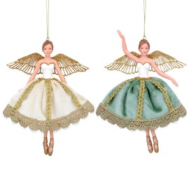 Gisela Graham Cream Gold Green Fabric and Resin Hanging Decorations 14cm Pack of 2 Assorted Christmas Ornaments