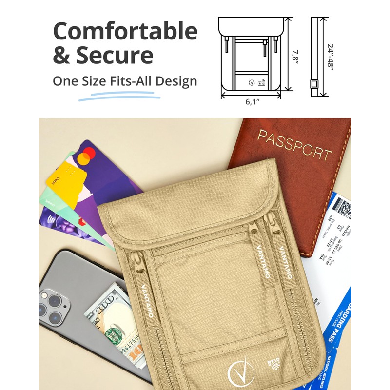 Vantamo Premium RFID Protected Travel Neck Wallet, Khaki, Fits Passport