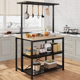 GAOMON 42" Large Kitchen Island Bakers Rack Microwave Oven Stand Kitchen Shelf with 3 Tier Storage, Metal Coffee Bar Table,Kitchen Storage Shelf for Dining Living Room, 5 Hooks, 42"*28"*72"