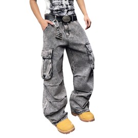 DFGIGT Mens Denim Baggy Pants with Cargo Pockets Mid Weight Casual Streetwear Wide Leg Jeans Hip Hop Skater Trousers Street Wear Jinco Y2k 2000s Straight Relaxed Loose Solid,G15 Dark Grey,Large