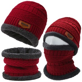 Axinyijia Winter Hat with Loop Scarf Set for Men Women Winter Beanie Warm Hat with Fleece Lining, red
