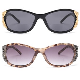JM 2 Pack Bifocal Reading Sunglasses for Women Fashion Sun Readers Outdoor Reading Glasses UV400 Protection Black & Grey Tortoise +4.0